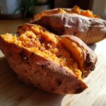 Close-up of a perfectly baked sweet potato split open, revealing fluffy orange flesh seasoned with spices.