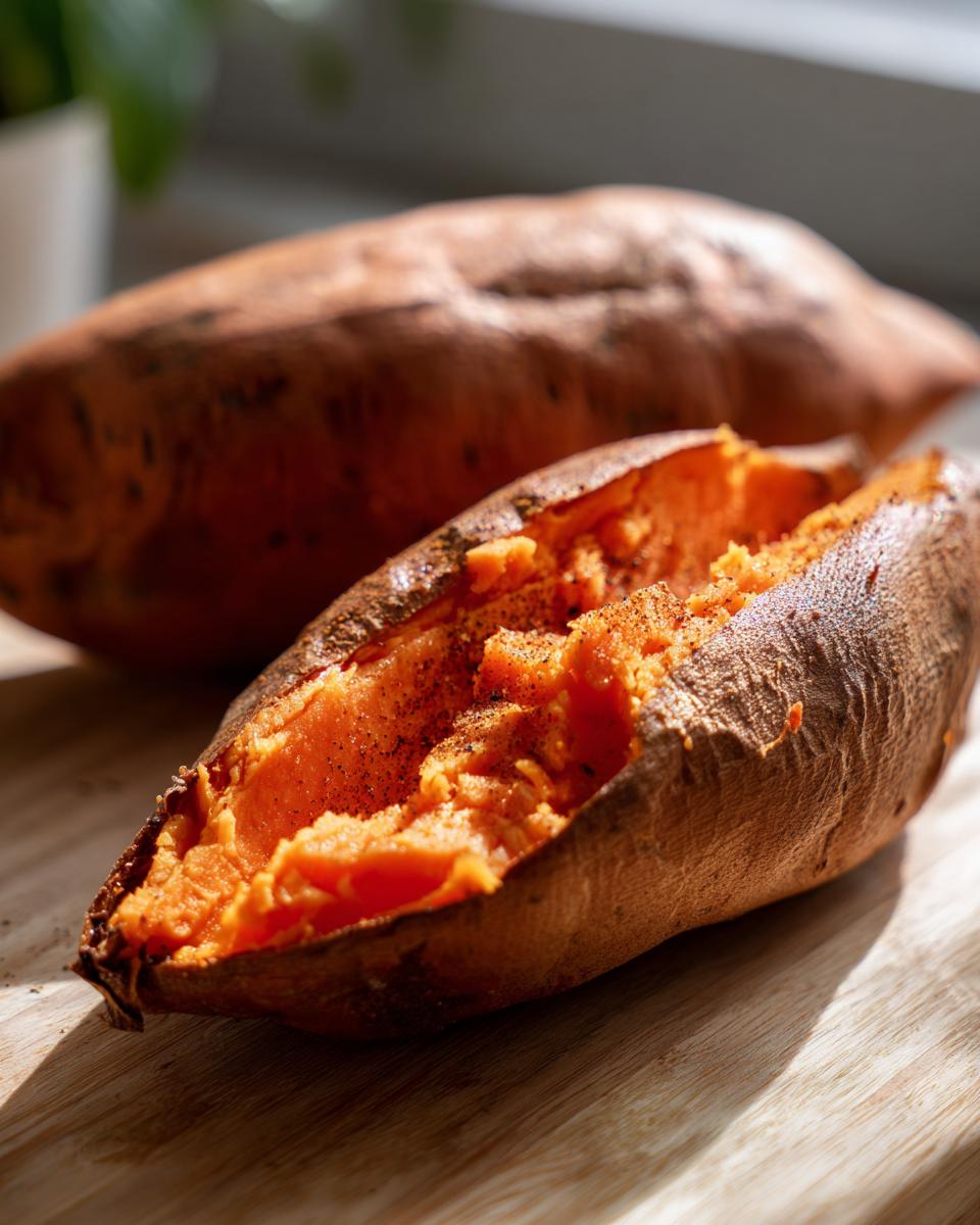 Close-up of a perfectly baked sweet potatoes, split open to show the fluffy orange interior seasoned with pepper.