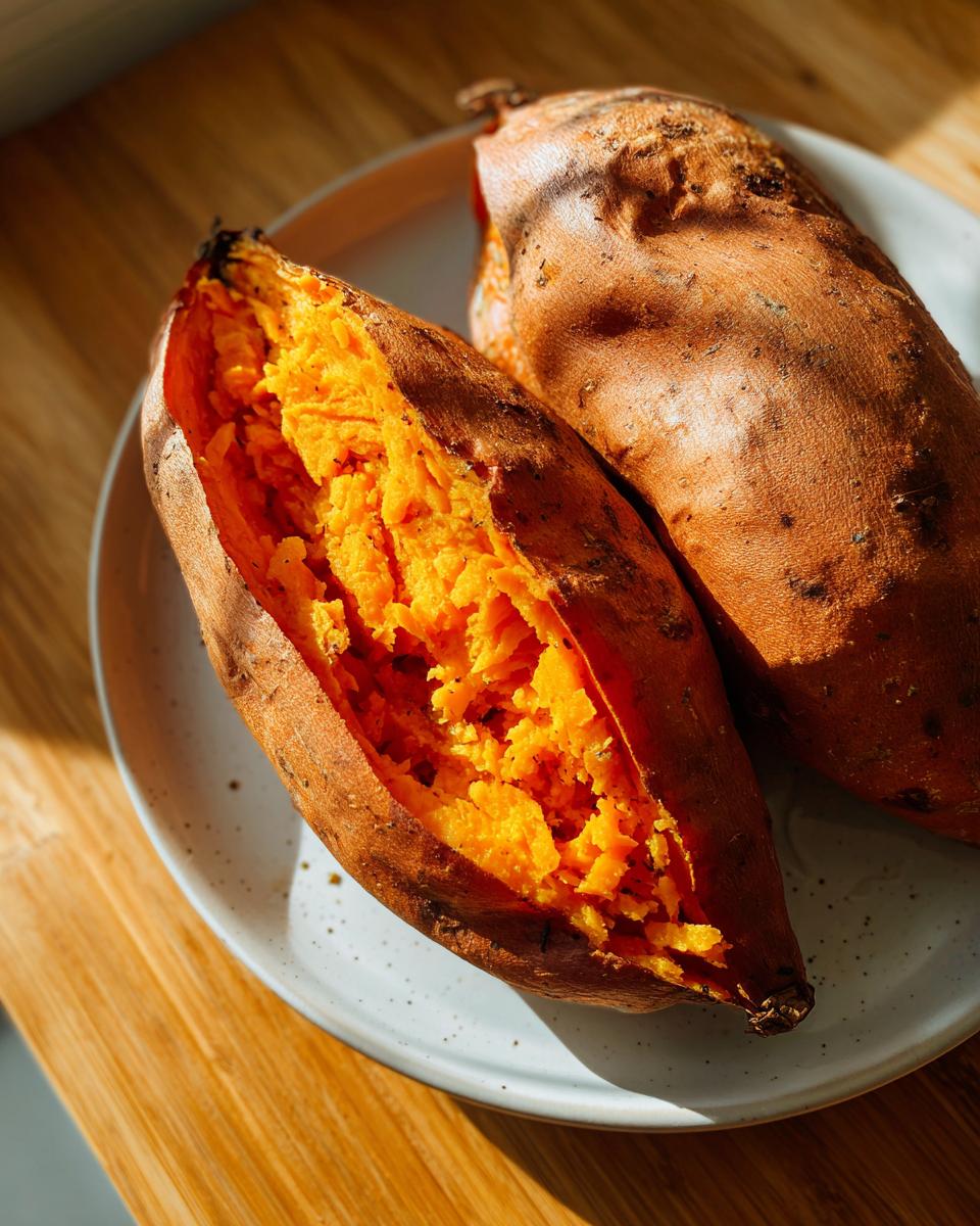 Two perfectly baked sweet potatoes, one split open revealing fluffy orange flesh.