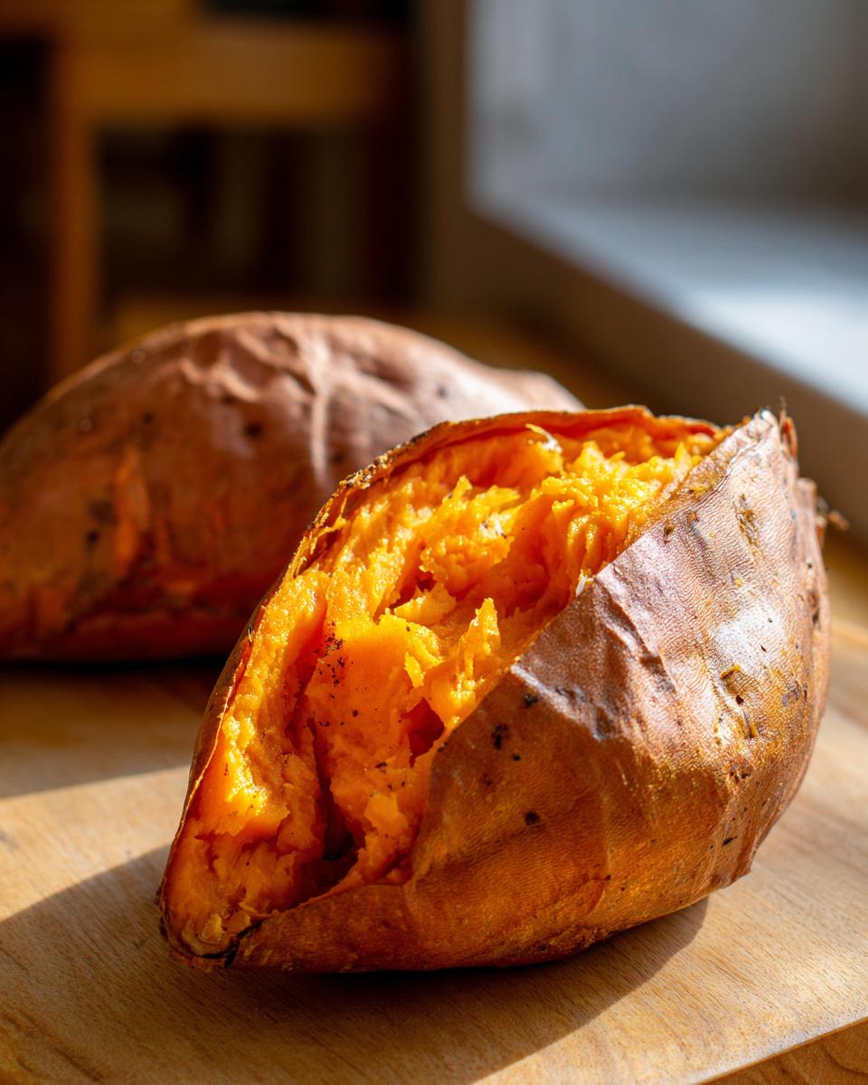 Close-up of a perfectly baked sweet potatoes, split open to show the fluffy, bright orange interior.