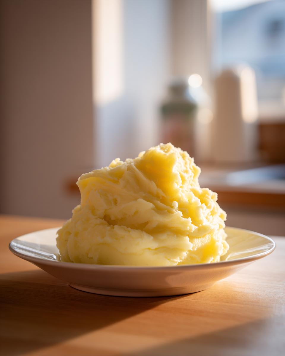 A mound of creamy, fluffy Boursin mashed potatoes served on a small white plate, illuminated by natural light.