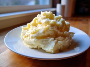 A generous scoop of creamy, fluffy Boursin mashed potatoes served on a simple white plate.