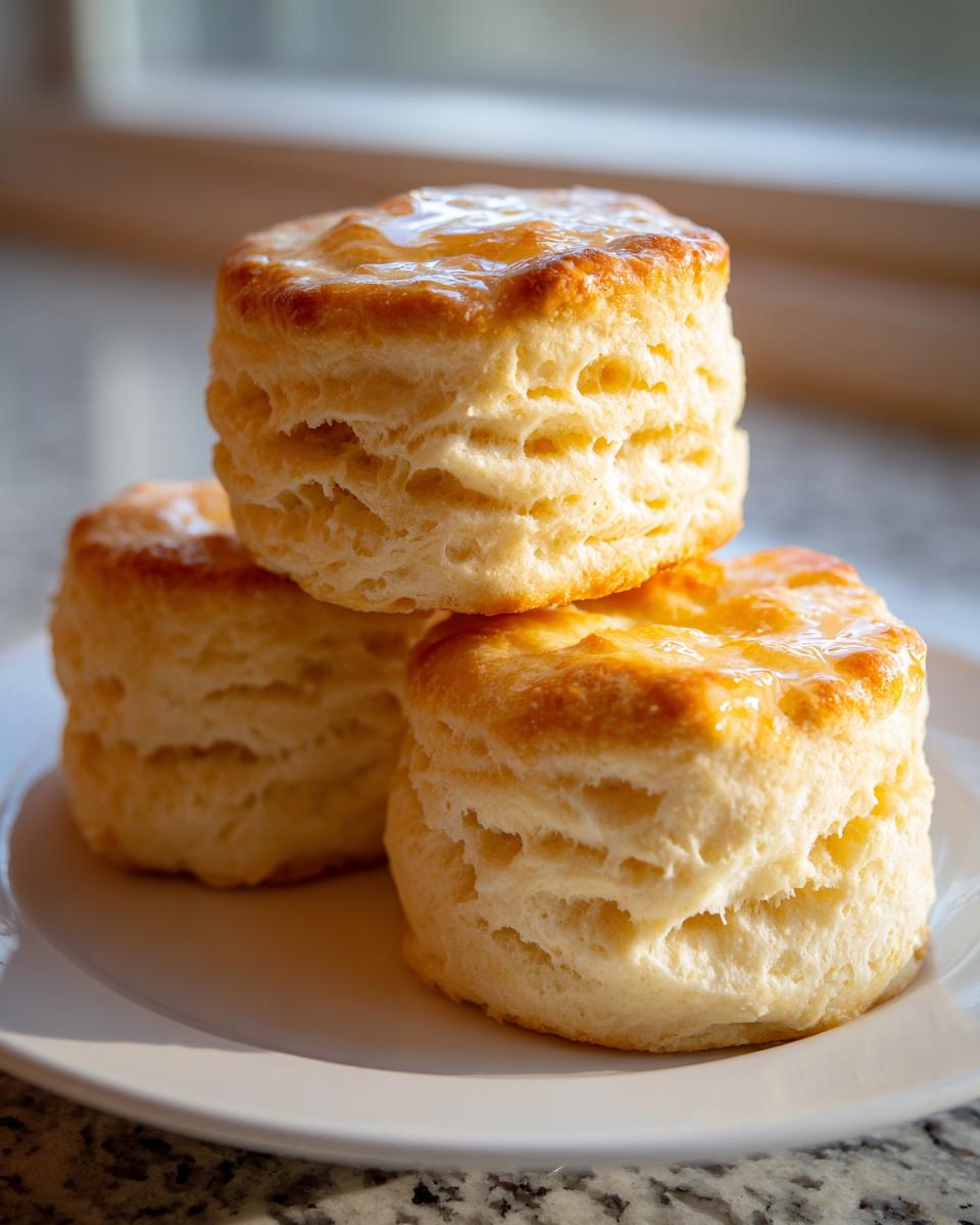Three tall, flaky buttermilk biscuits stacked on a white plate, glistening with a light glaze.