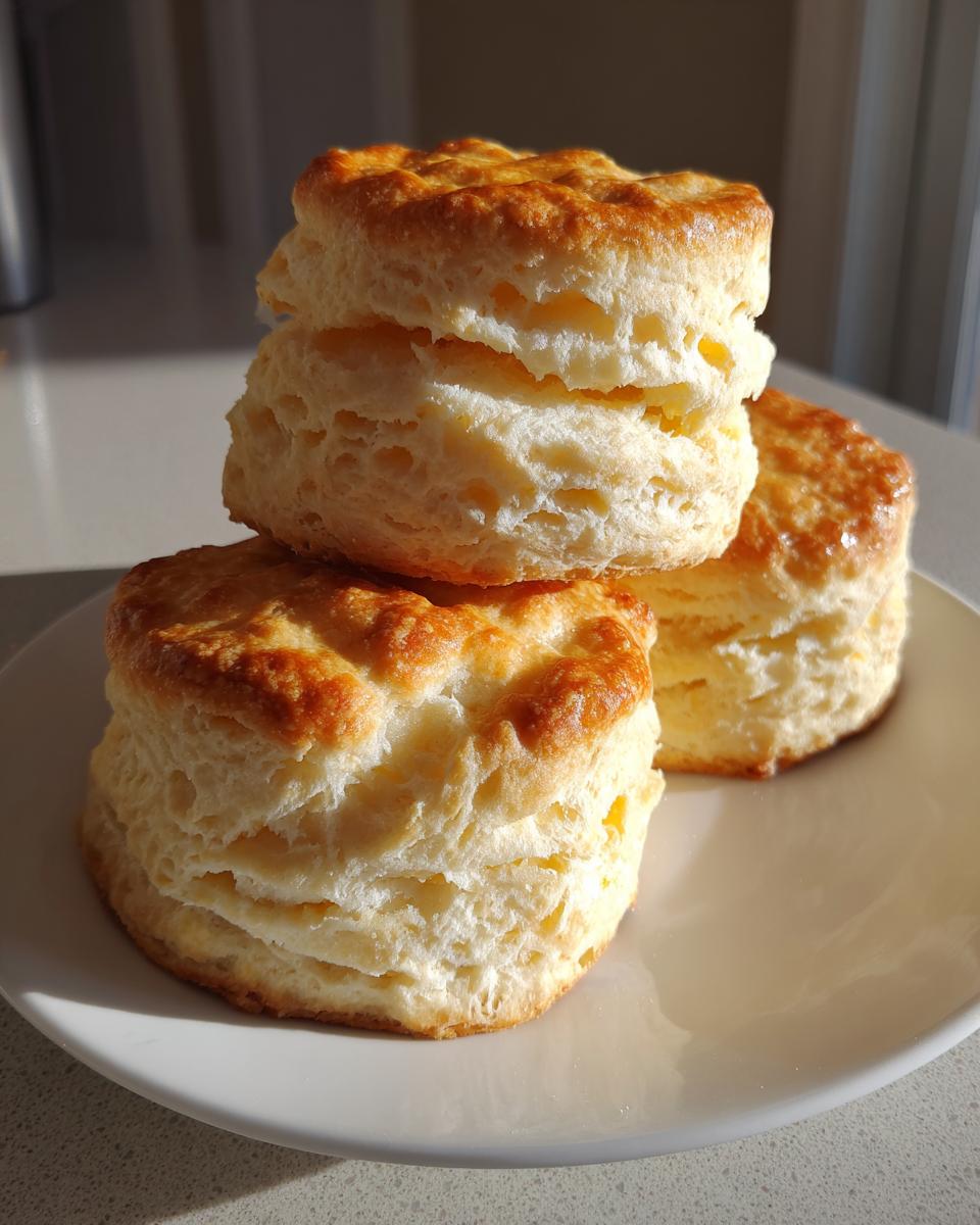 Three tall, flaky buttermilk biscuits stacked on a white plate, showing golden tops and layered sides.