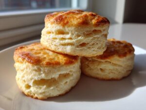 Three tall, flaky buttermilk biscuits stacked on a white plate, showing golden tops and layered sides.