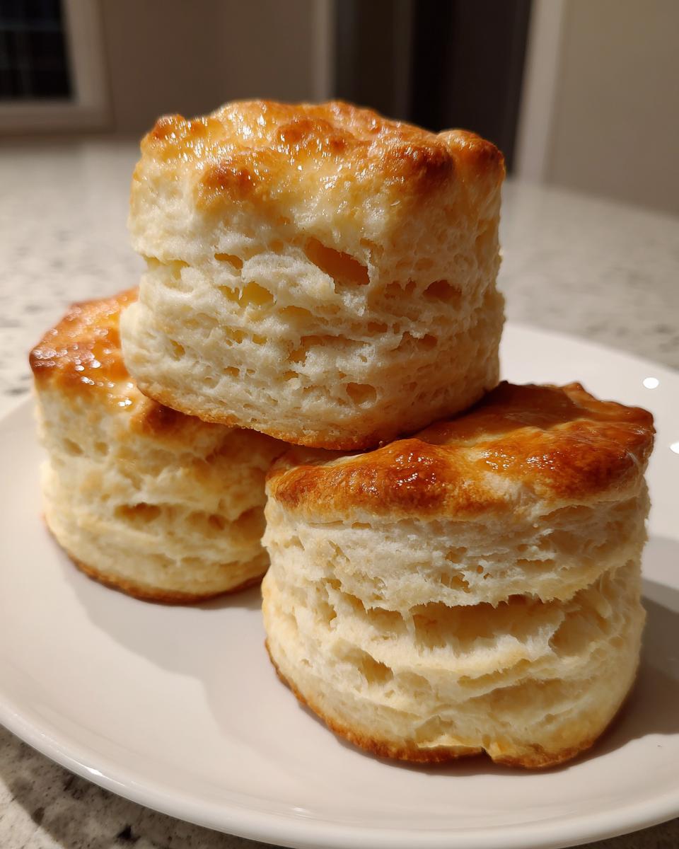 Three tall, flaky buttermilk biscuits stacked on a white plate, showing golden brown tops.