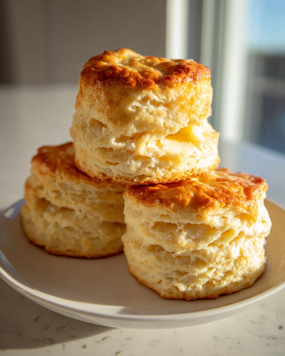 A stack of three tall, fluffy buttermilk biscuits with golden-brown tops resting on a white plate.