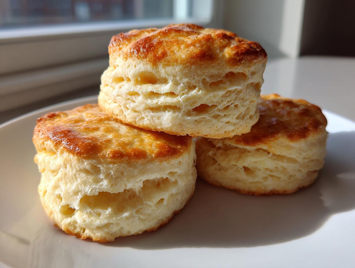 Three tall, flaky buttermilk biscuits stacked on a white plate, showing golden tops and layered sides.