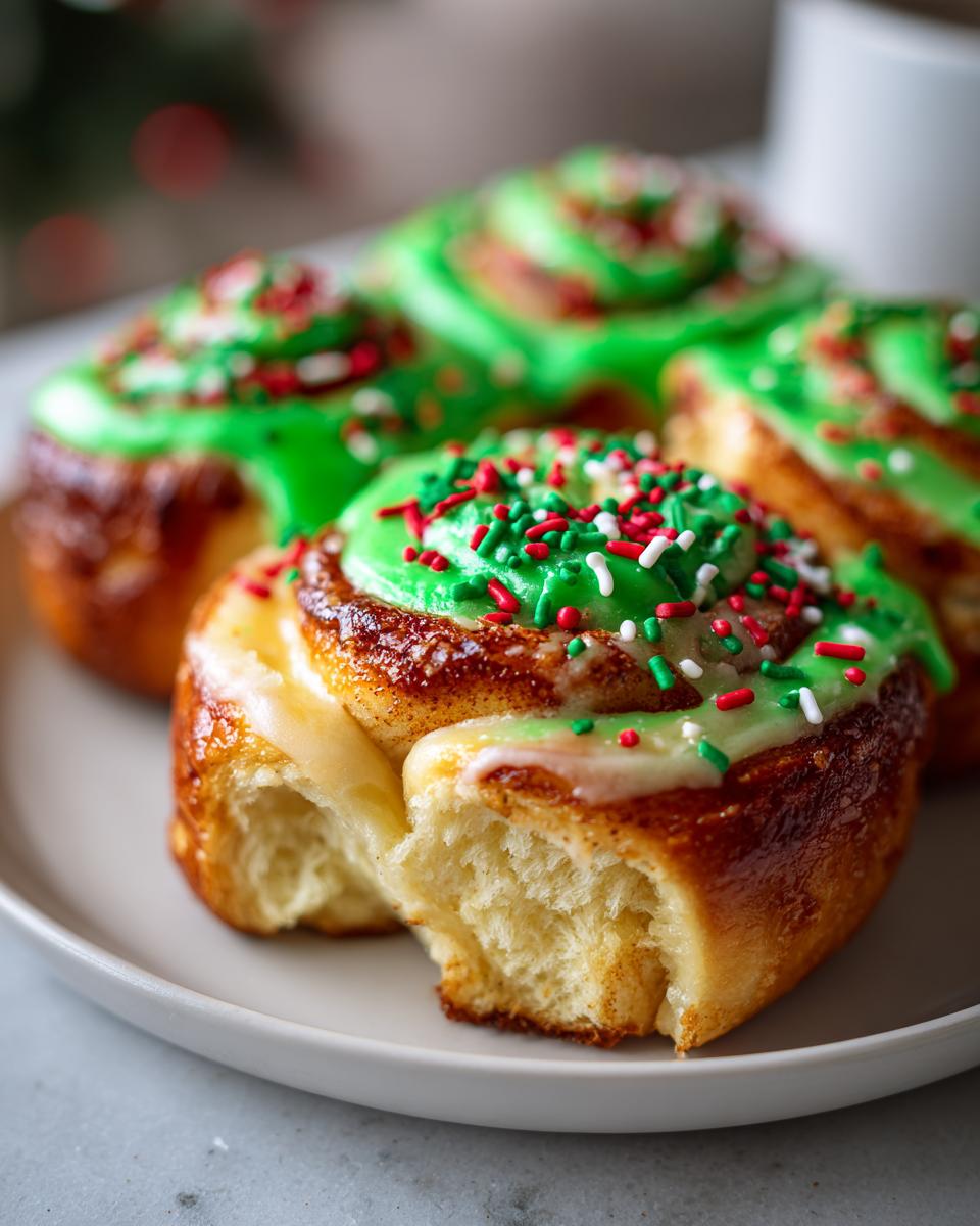Close-up of fluffy christmas tree cinnamon rolls topped with bright green icing and red, white, and green sprinkles.