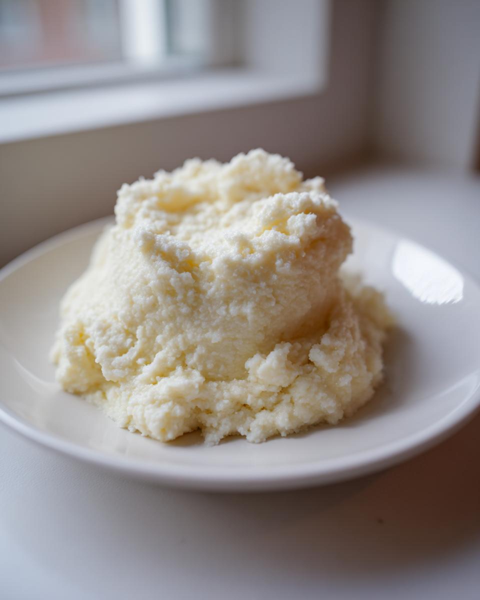A mound of fluffy, white creamy mashed potatoes served on a simple white plate near a window.