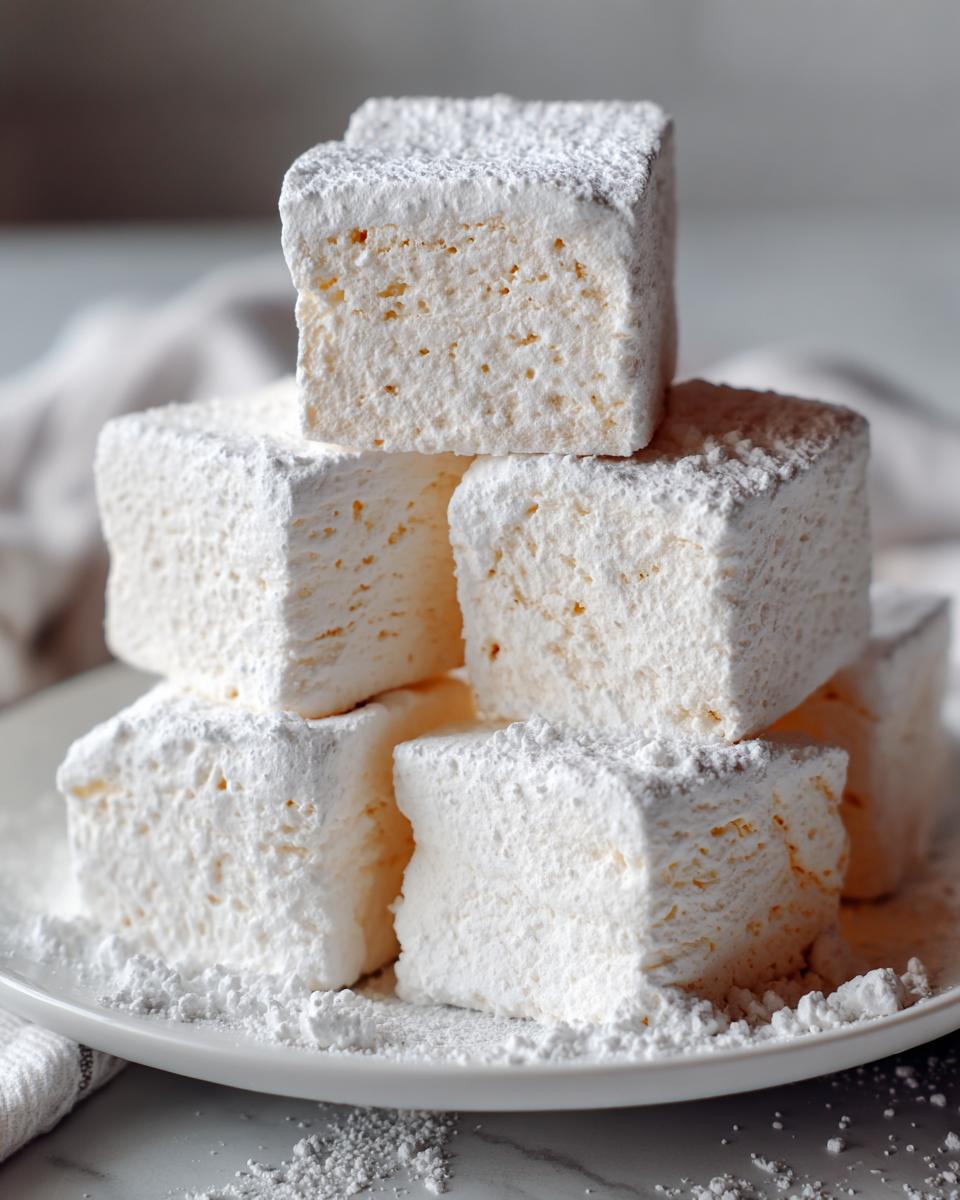 A stack of five large, square homemade marshmallows dusted heavily with powdered sugar on a white plate.