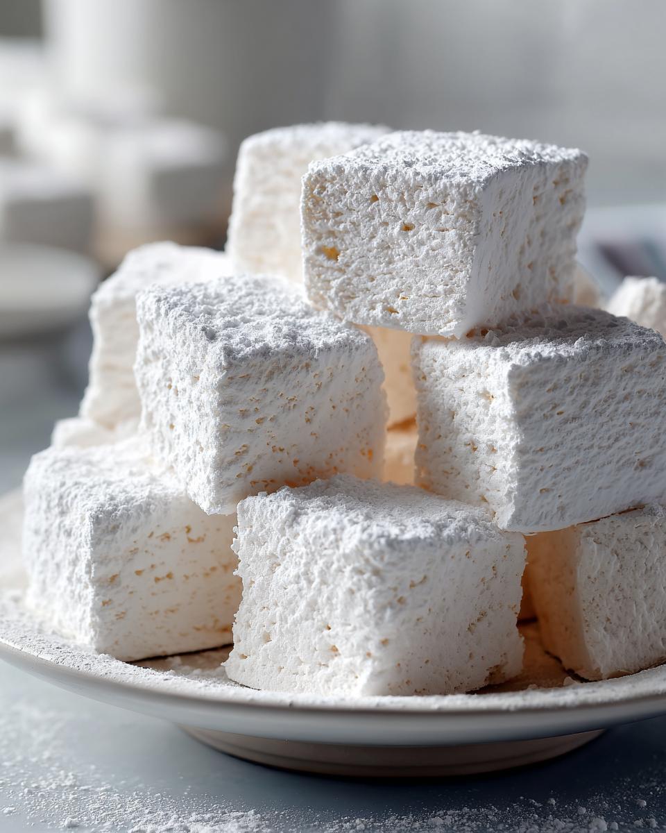 A close-up stack of fluffy, square homemade marshmallows generously dusted with powdered sugar on a white plate.