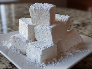 A stack of freshly cut, fluffy homemade marshmallows generously dusted with white powdered sugar on a white plate.