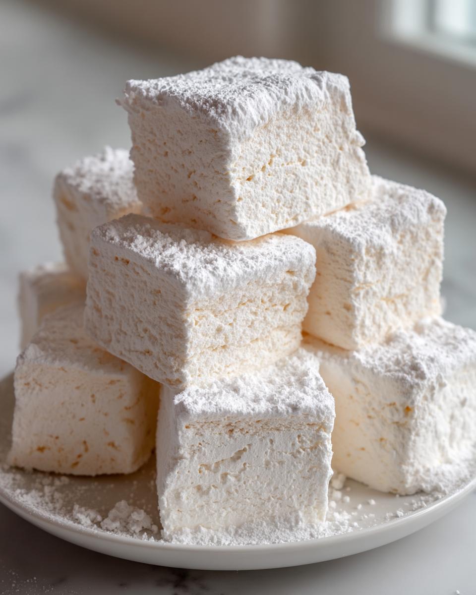 A stack of thick, square homemade marshmallows generously dusted with white powdered sugar, sitting on a white plate.