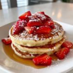 A stack of three fluffy strawberry pancakes topped with sliced strawberries, powdered sugar, and maple syrup.