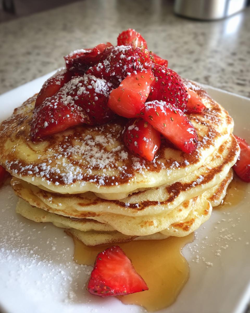 A tall stack of fluffy strawberry pancakes topped with fresh sliced strawberries and powdered sugar, drizzled with syrup.