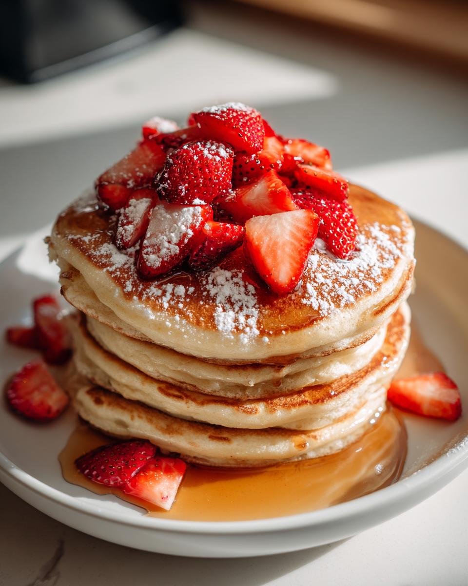 A tall stack of fluffy strawberry pancakes topped with fresh sliced strawberries and powdered sugar, drizzled with syrup.