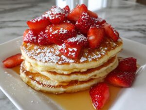 A tall stack of fluffy strawberry pancakes topped with fresh sliced strawberries and dusted with powdered sugar.