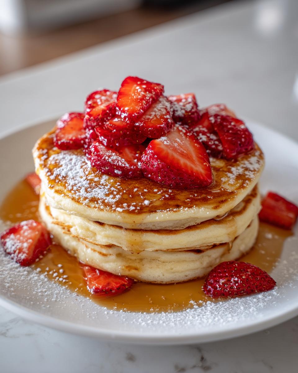A tall stack of fluffy strawberry pancakes drizzled with syrup and topped with fresh, sliced strawberries and powdered sugar.