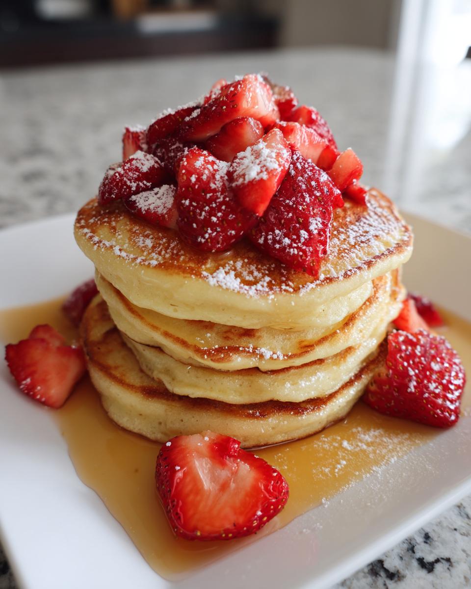 A tall stack of fluffy strawberry pancakes topped with fresh sliced strawberries and powdered sugar.