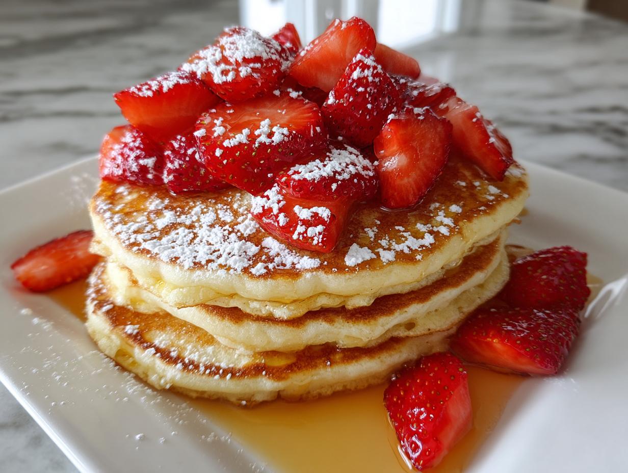 A tall stack of fluffy strawberry pancakes topped with fresh sliced strawberries and dusted with powdered sugar.
