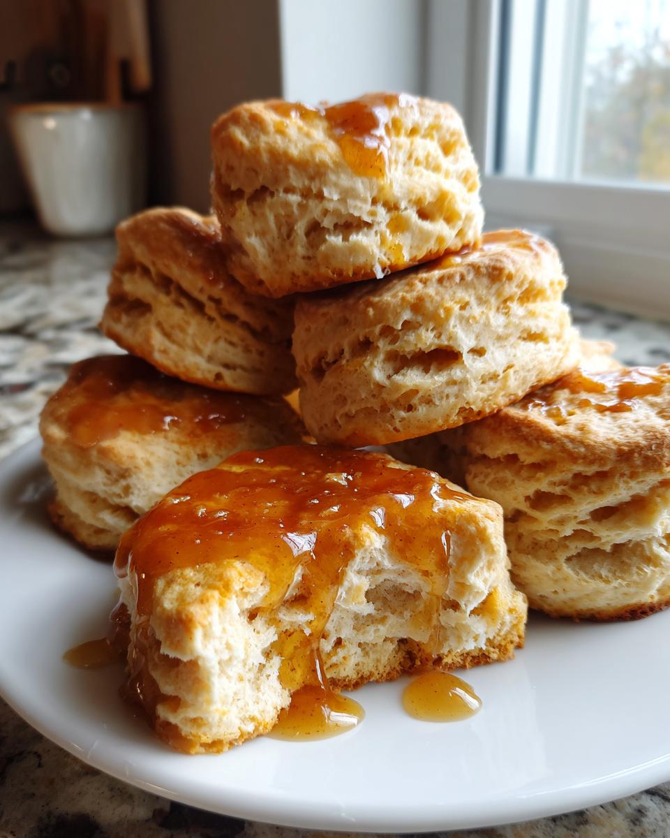 A stack of fluffy sweet potato biscuits drizzled generously with a shiny, amber glaze on a white plate.