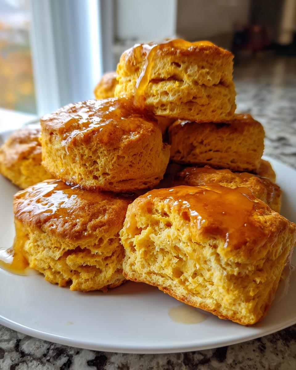 A stack of fluffy, orange-hued sweet potato biscuits generously drizzled with a shiny honey or maple glaze.