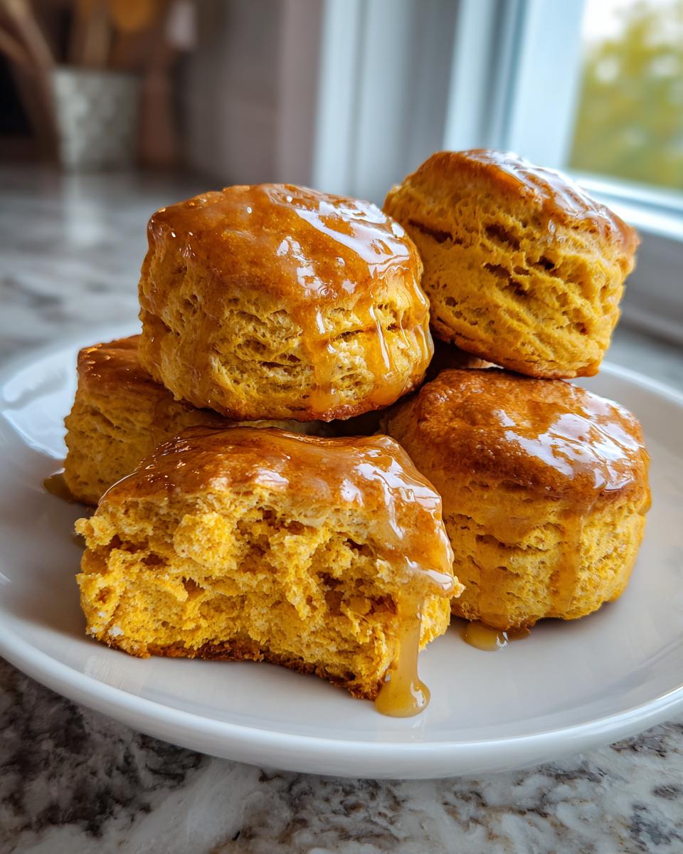 A stack of fluffy sweet potato biscuits topped with a shiny honey or maple glaze, one biscuit is broken open.