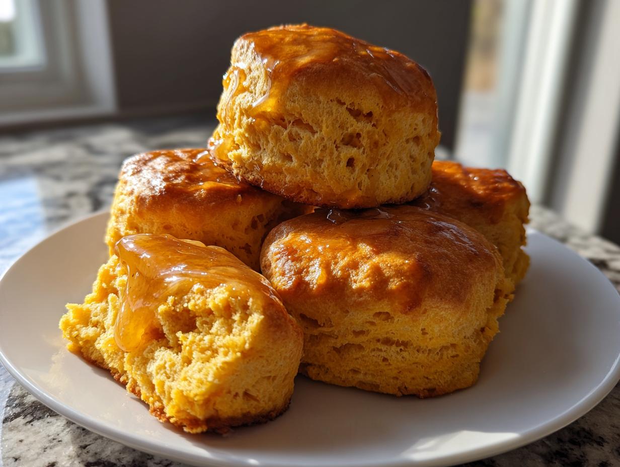 A stack of fluffy, golden sweet potato biscuits drizzled with a shiny glaze, served on a white plate.