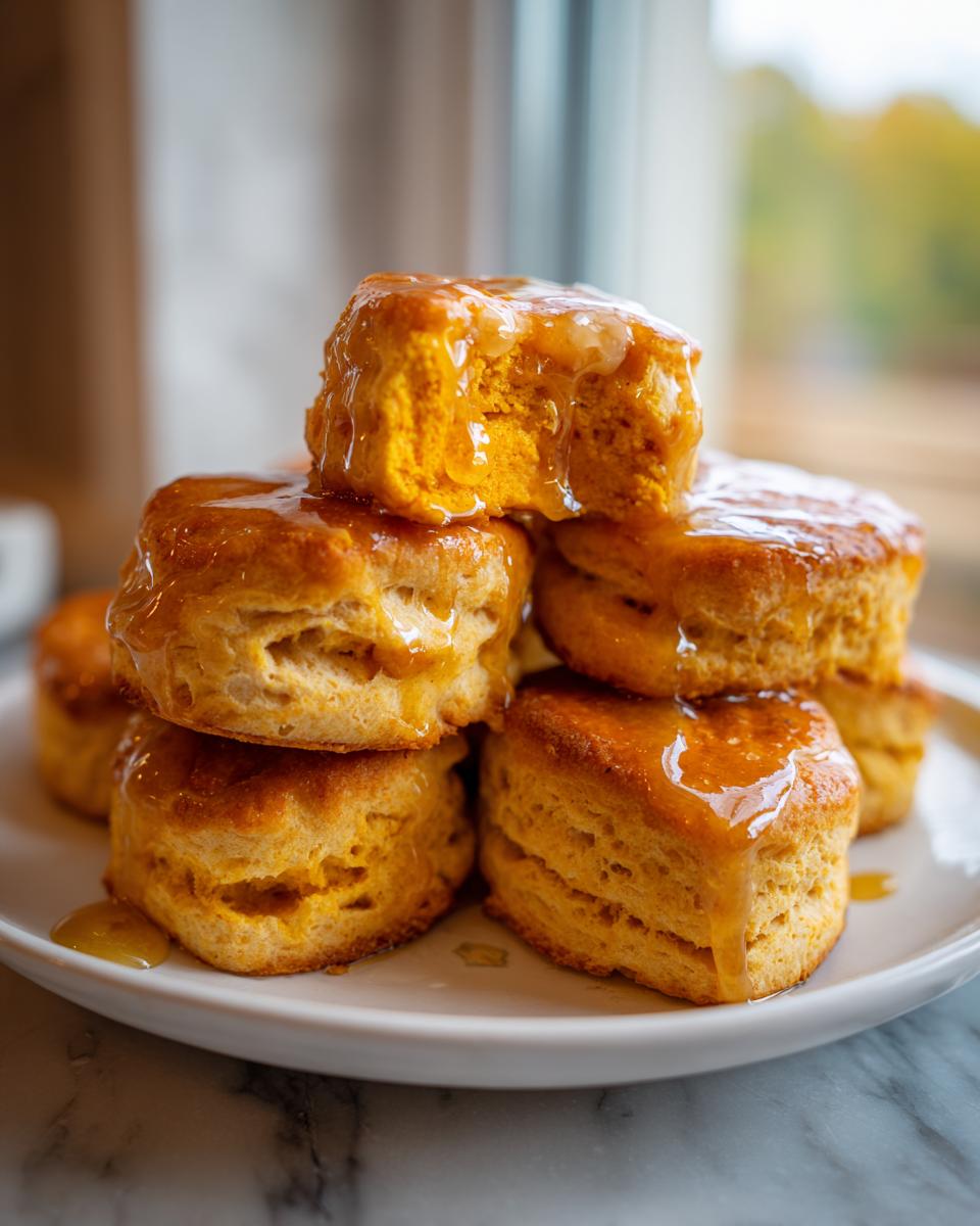 A stack of fluffy sweet potato biscuits generously drizzled with golden honey glaze, one biscuit has a bite taken out.