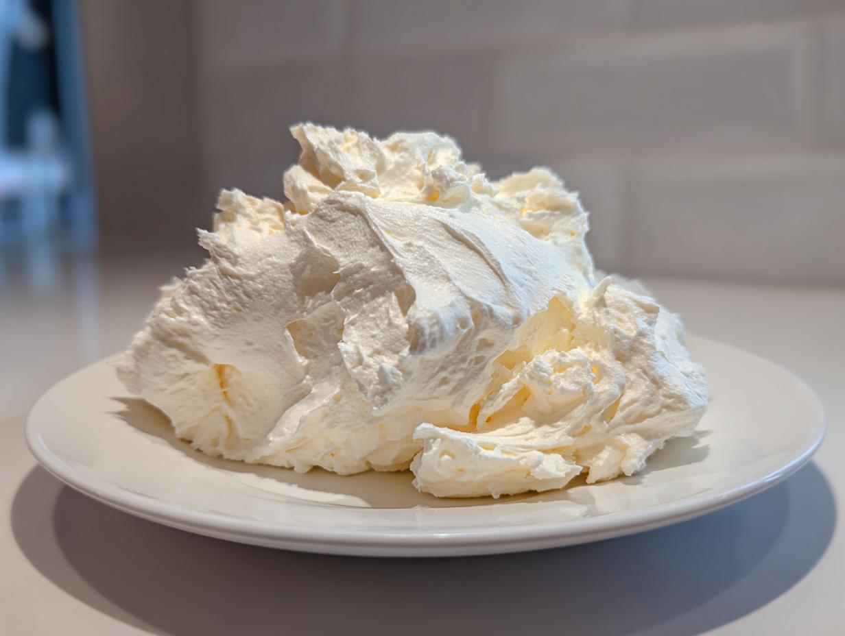 A generous, fluffy mound of freshly made vanilla buttercream frosting sitting on a white plate.