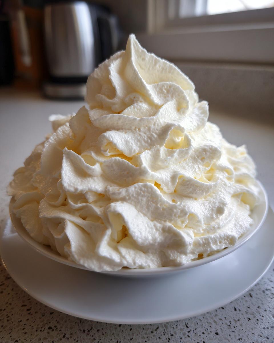 Close-up of a large mound of perfectly piped, fluffy vanilla buttercream frosting in a white bowl.