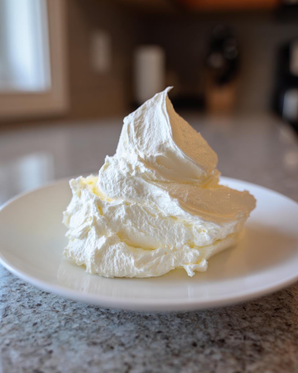A generous, fluffy scoop of bright white vanilla buttercream frosting piled high on a white plate.