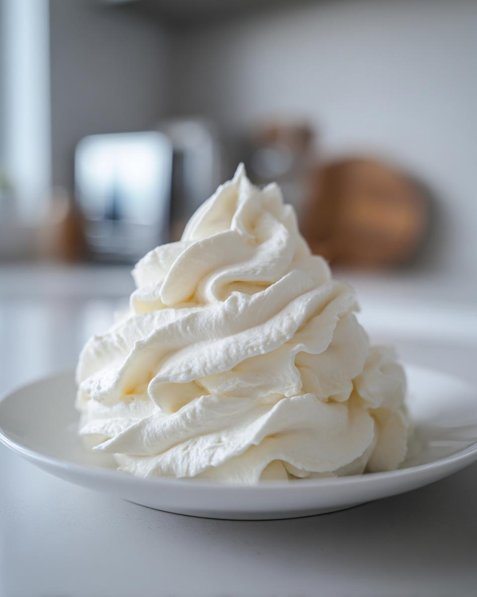 A perfect swirl of light and fluffy vanilla buttercream frosting piped onto a small white plate.
