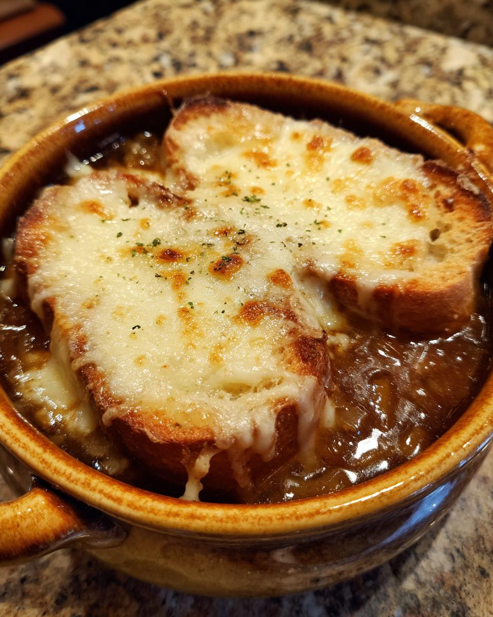 Close-up of a rich french onion soup topped with toasted bread and bubbly, melted Gruyère cheese.