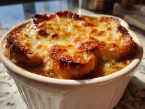 Close-up of a white ramekin filled with bubbling french onion soup topped with a thick layer of melted, browned Gruyère cheese.