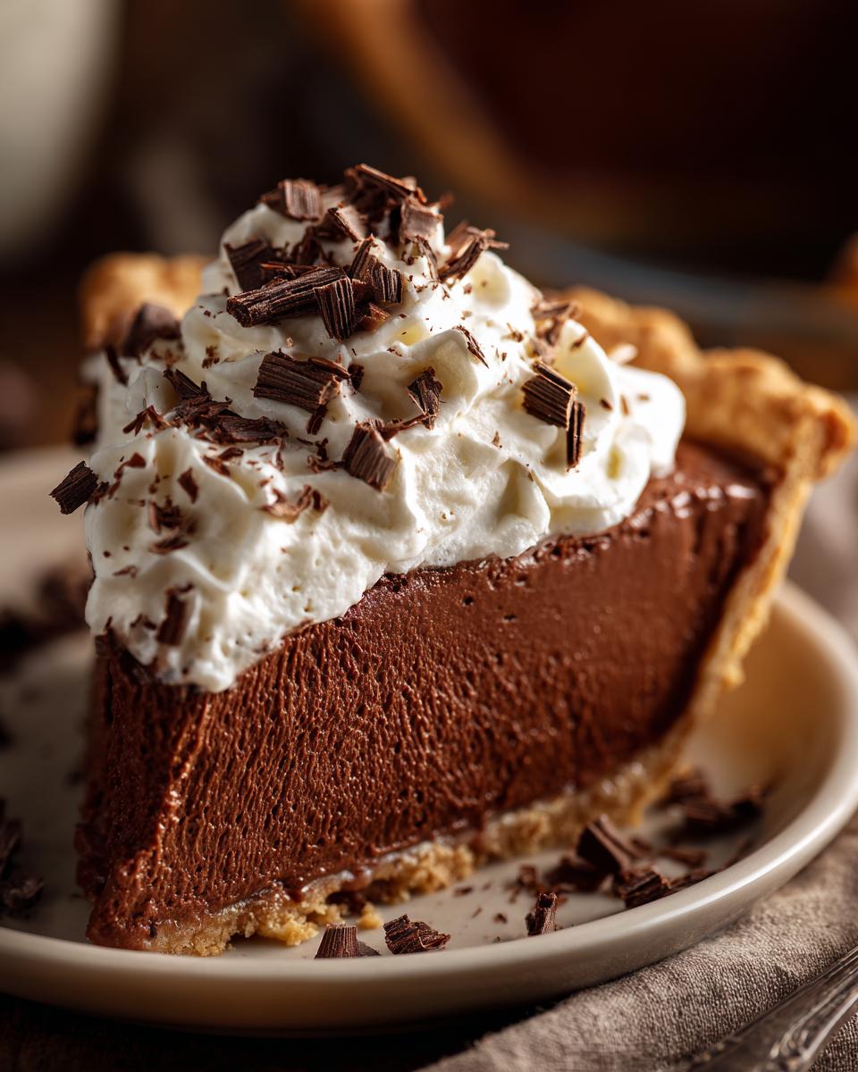 A close-up of a rich slice of french silk pie featuring a thick chocolate filling, topped with whipped cream and chocolate shavings.