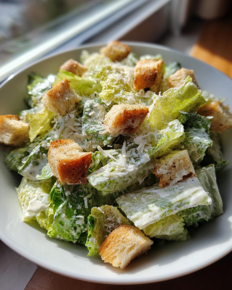 Close-up of a fresh caesar salad tossed in creamy dressing, topped with grated cheese and golden croutons.