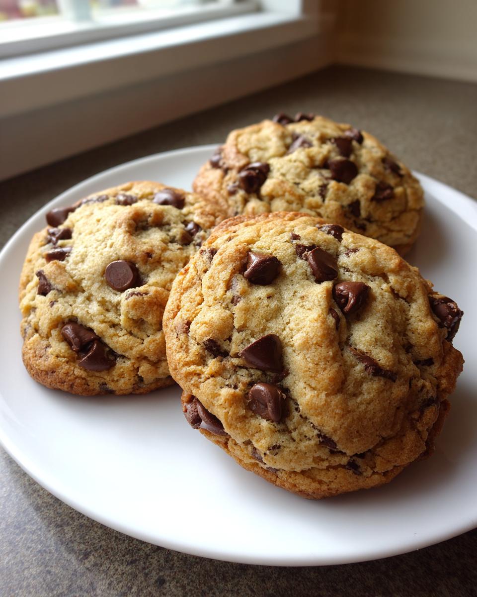 Three thick, golden brown chocolate chip cookies piled on a white plate, ready to eat.