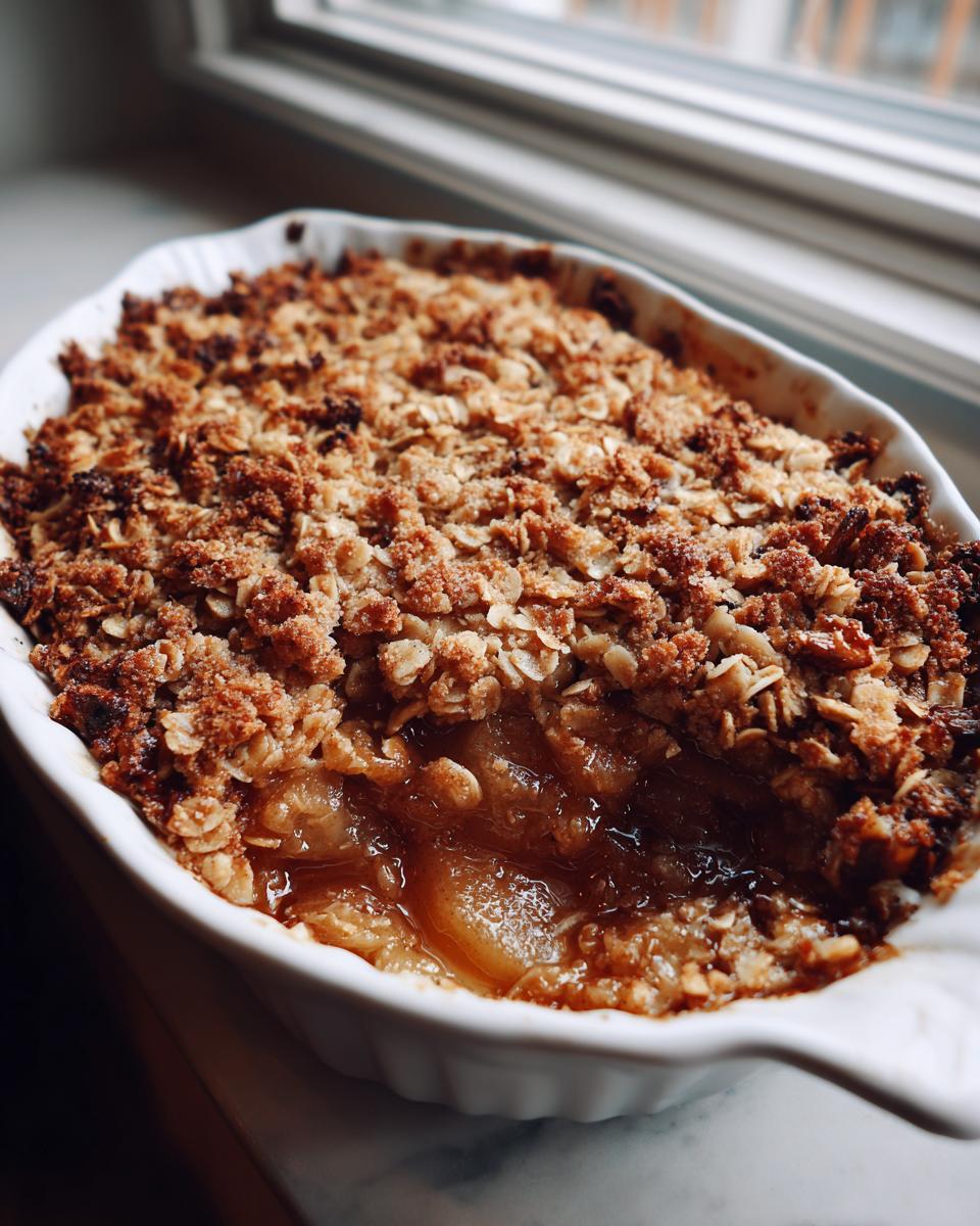 Close-up of a bubbling, freshly baked pear crisp with a golden oat topping in a white baking dish.