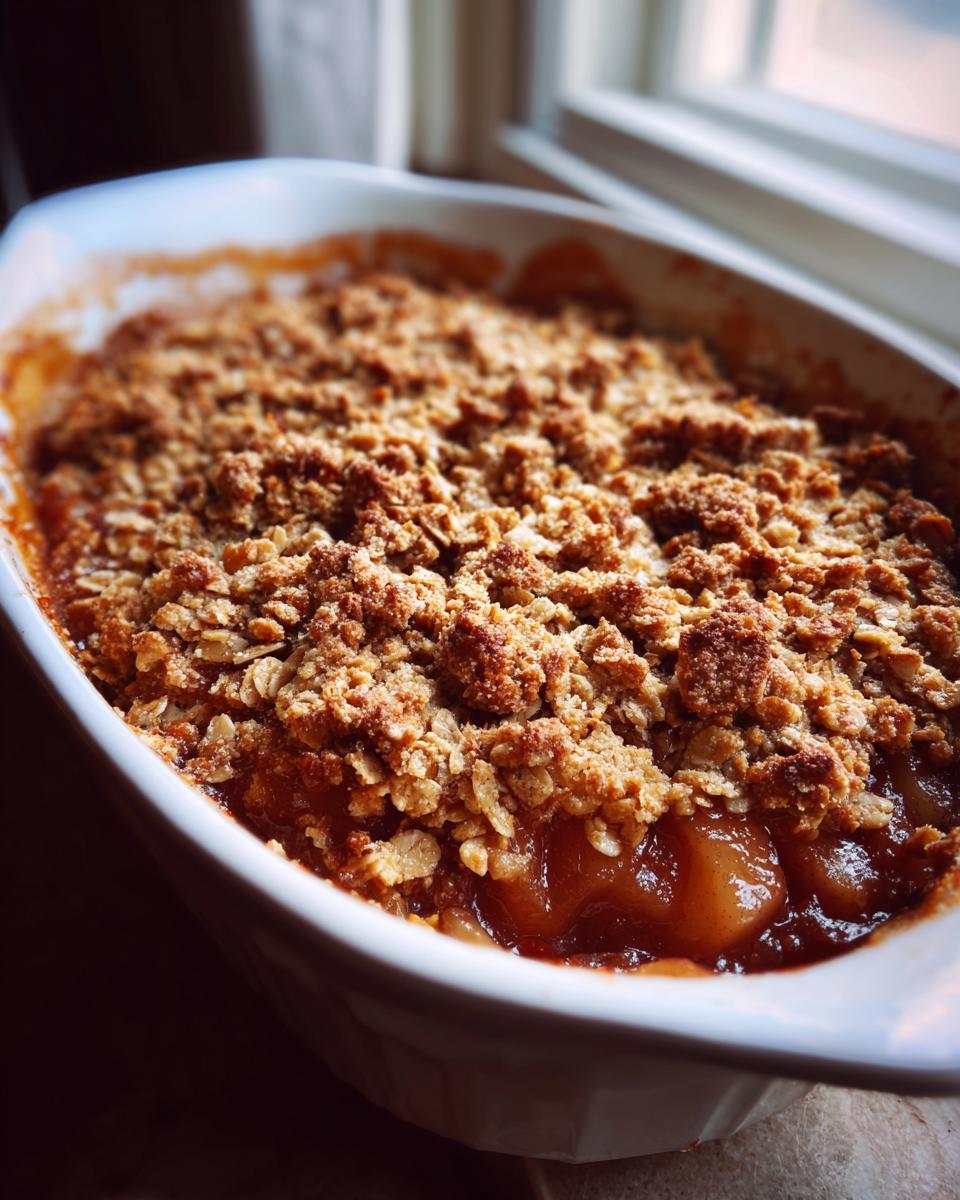 Close-up of a bubbling, freshly baked pear crisp with a golden brown oat topping in a white oval dish.