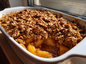 Close-up of a warm, bubbling pear crisp with a golden, crunchy oat topping in a white ceramic dish.