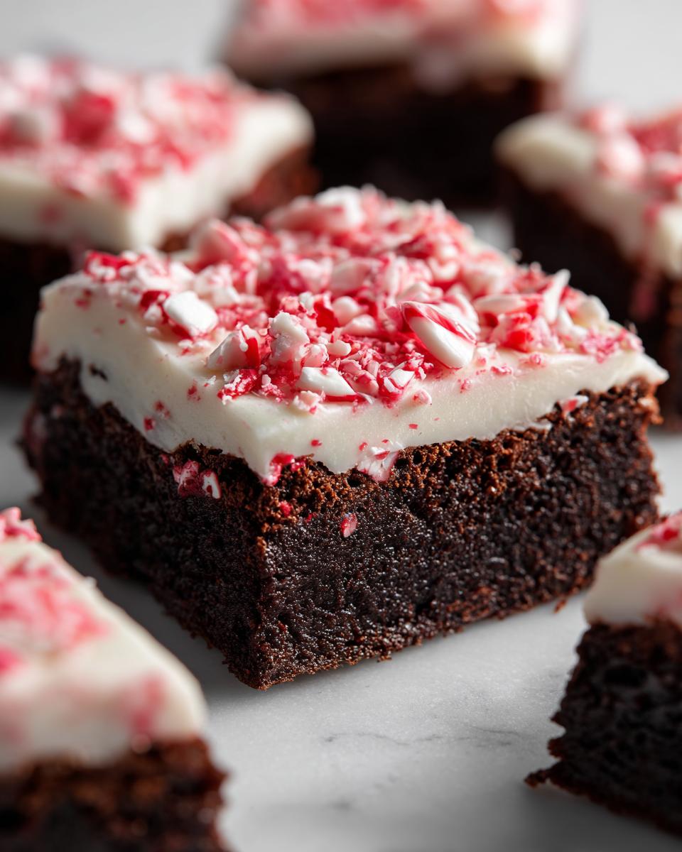 Close-up of a fudgy peppermint brownies square topped with white frosting and crushed candy canes.