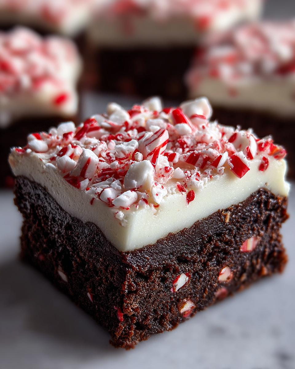 A single, thick slice of fudgy peppermint brownies topped with white frosting and crushed candy canes.