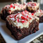 A close-up of a fudgy peppermint brownies square topped with white frosting and crushed candy canes.