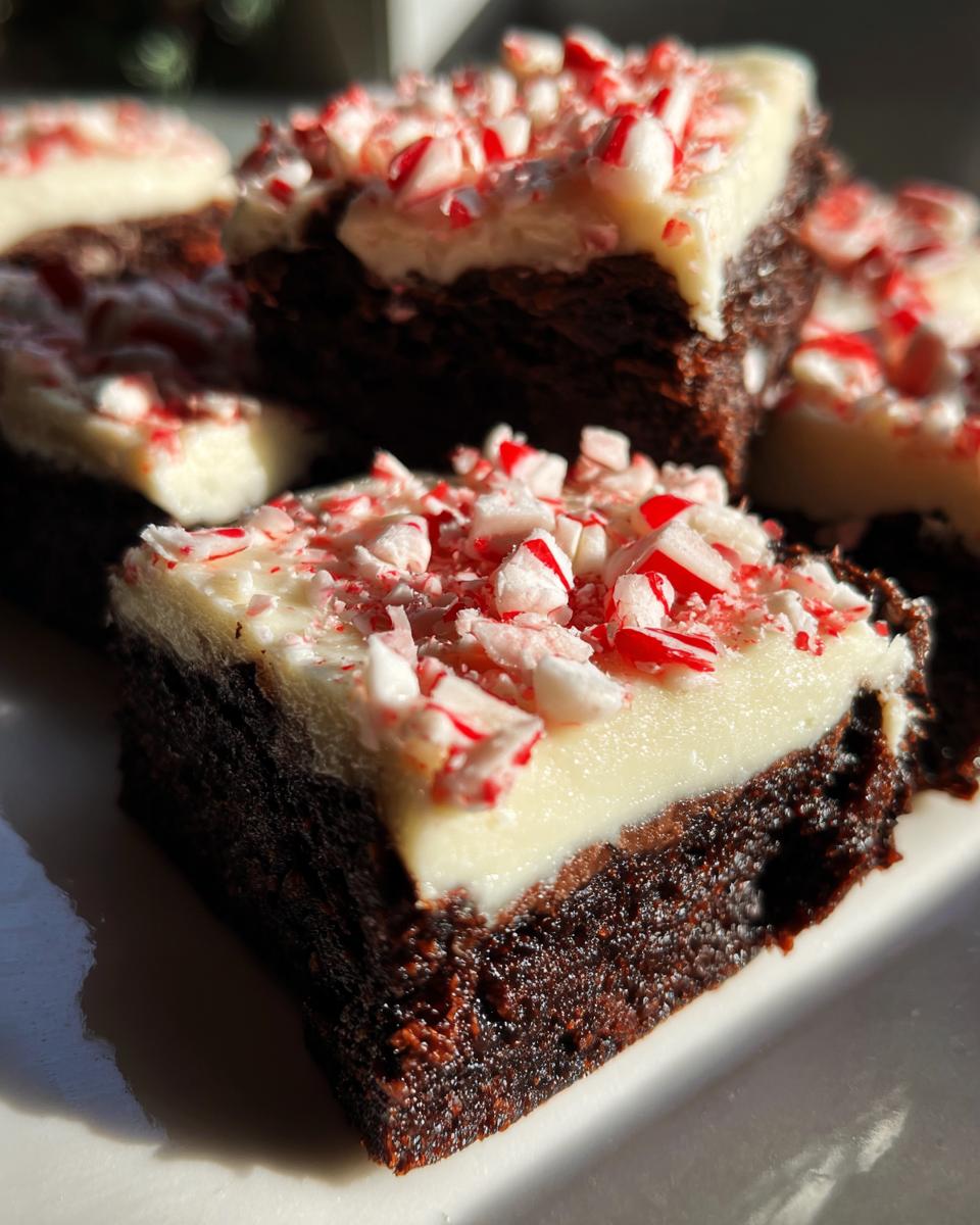 Close-up of a fudgy peppermint brownies square topped with white frosting and crushed candy canes.