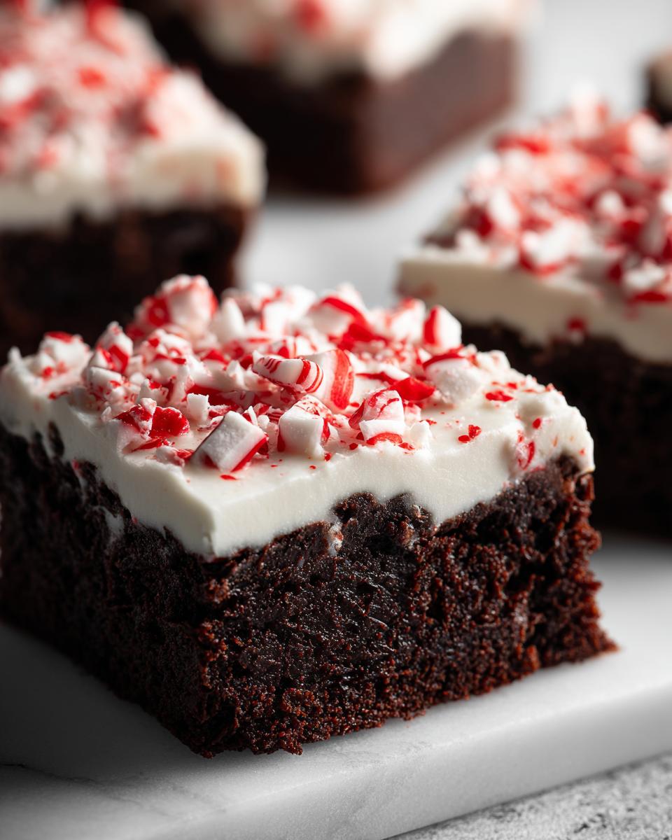 A close-up of a fudgy peppermint brownies square topped with white frosting and crushed candy canes.