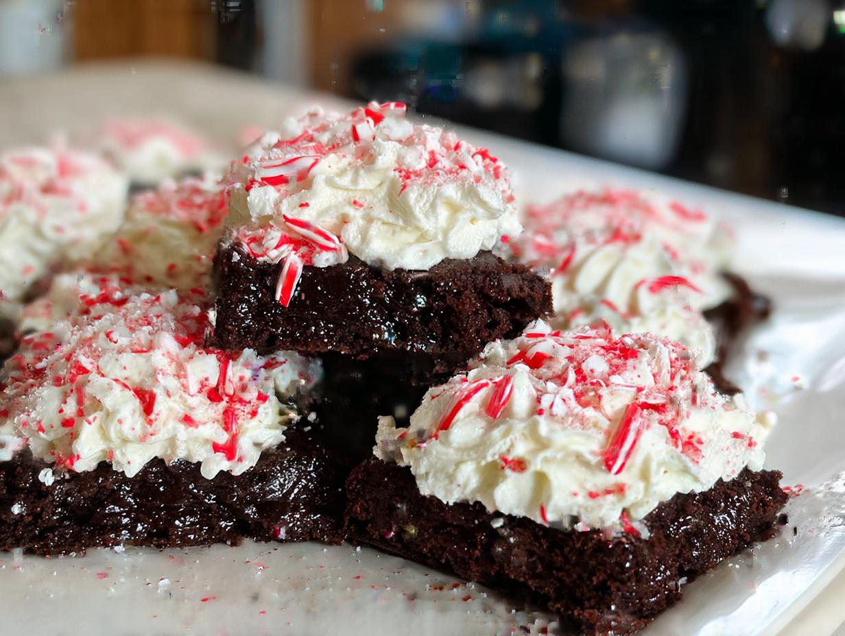 Close-up of fudgy peppermint brownies topped with whipped cream and crushed candy canes.