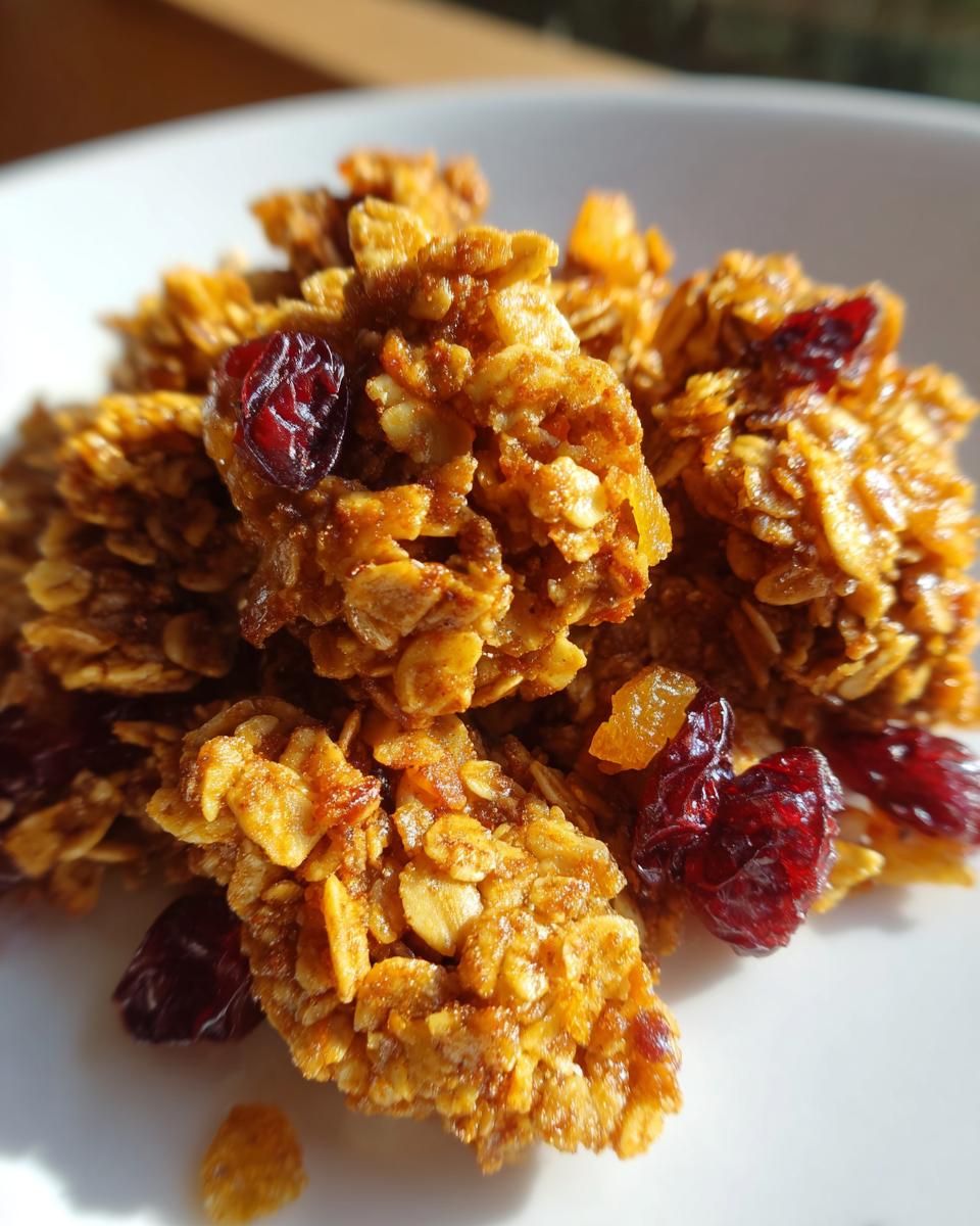 Close-up of crunchy, golden brown gingerbread granola clusters mixed with dried cranberries on a white plate.
