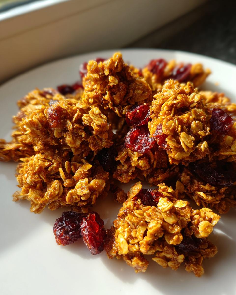 Close-up of golden brown, clustered gingerbread granola mixed with dried cranberries on a white plate.